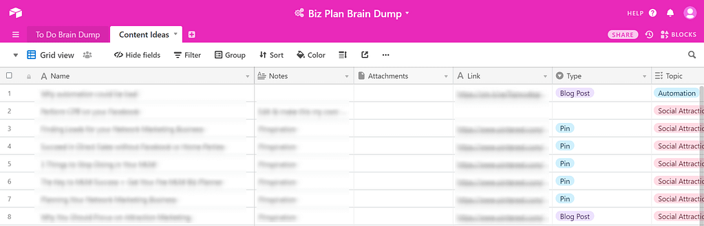 Airtable Content Ideas Brain Dump